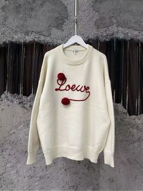 🚩steal Loewe Cream Wool Logo Pom-Pom Crewneck Sweater